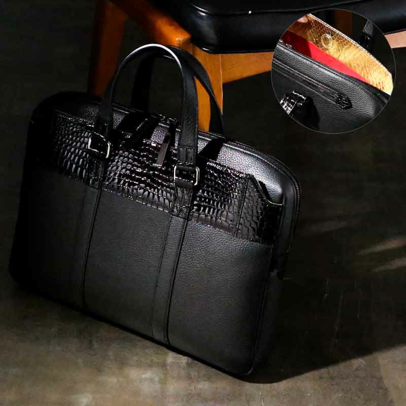 クロコダイル ビジネスバッグ genuine 編も シャイニー ゴールド金具 自立